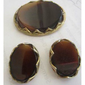 WHITING & DAVIS  brown stone gold costume clip earrings & brooch pin set Vintage